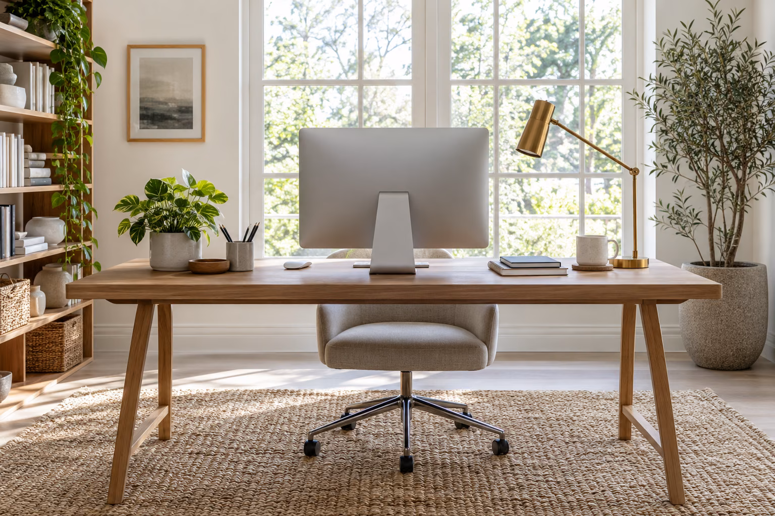 A refined professional workspace with a tidy desk, notebook and unbranded computer