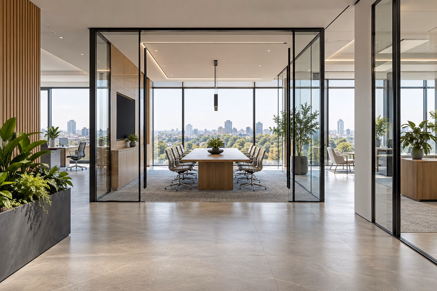 A contemporary office interior with elegant glass partitions and clean architectural details, no people