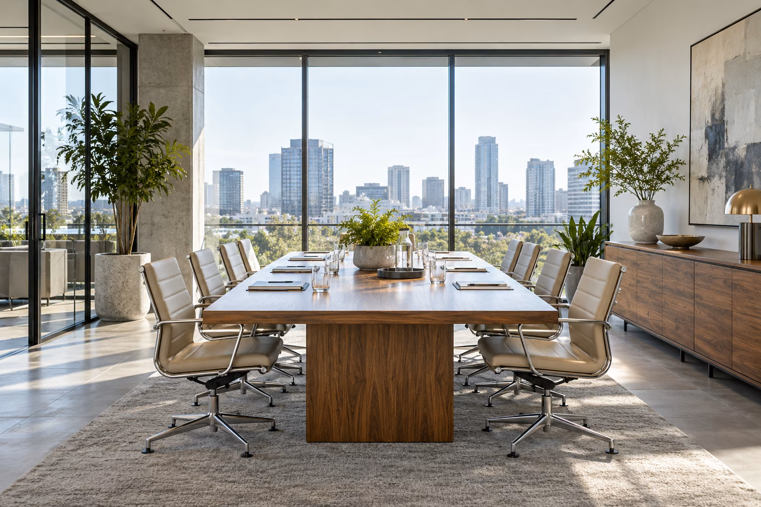 A refined contemporary professional office with a meeting table, notebooks and natural daylight, no people